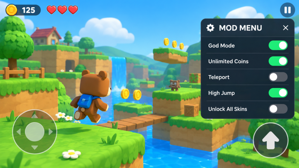 Super Bear Adventure mod menu panel with feature toggles