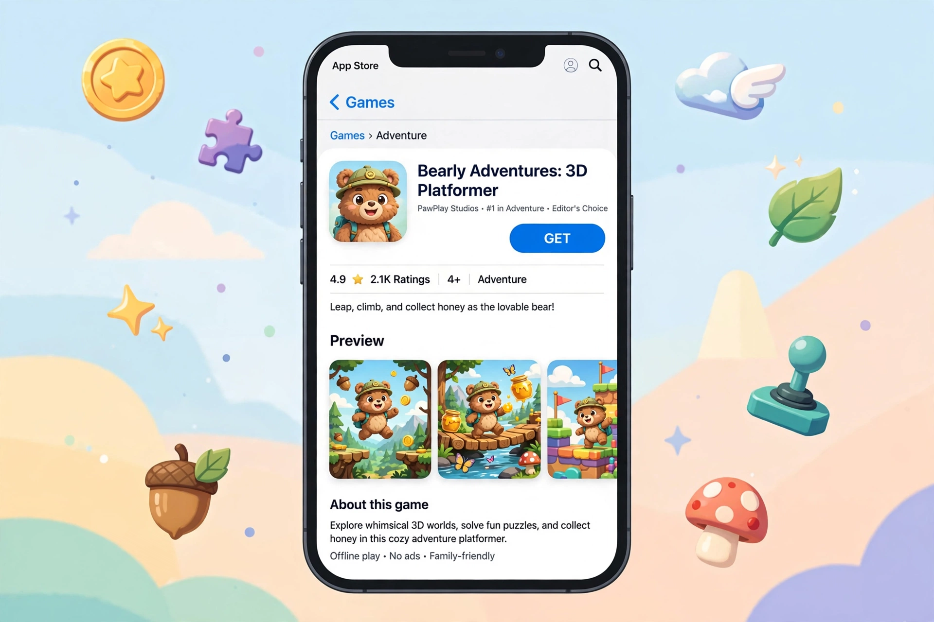 iPhone showing the App Store listing for a 3D bear platformer adventure game
