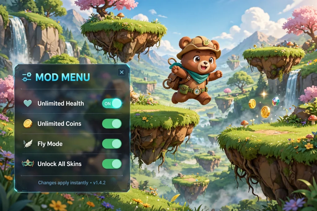 Super Bear Adventure MOD MENU panel with toggles for Unlimited Health, Unlimited Coins, Fly Mode and Unlock All Skins